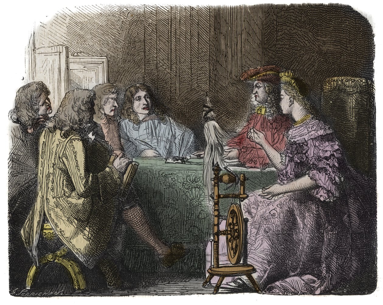 Lodewijk XIV doet zaken met zijn ministers in de appartementen van Madame de Maintenon - gravure door Unknown artist