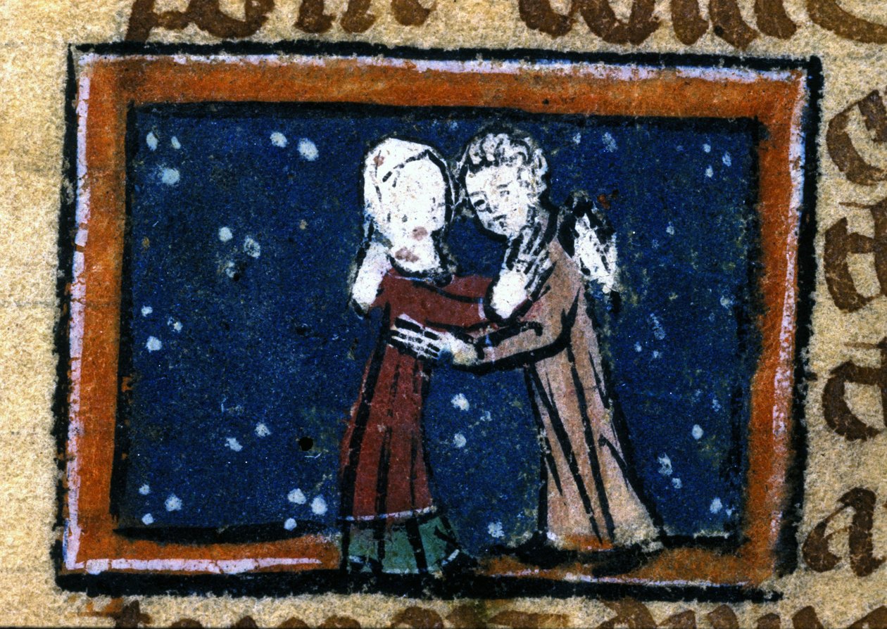 Liefdesscène uit een 13e-eeuws Frans manuscript door Unknown artist