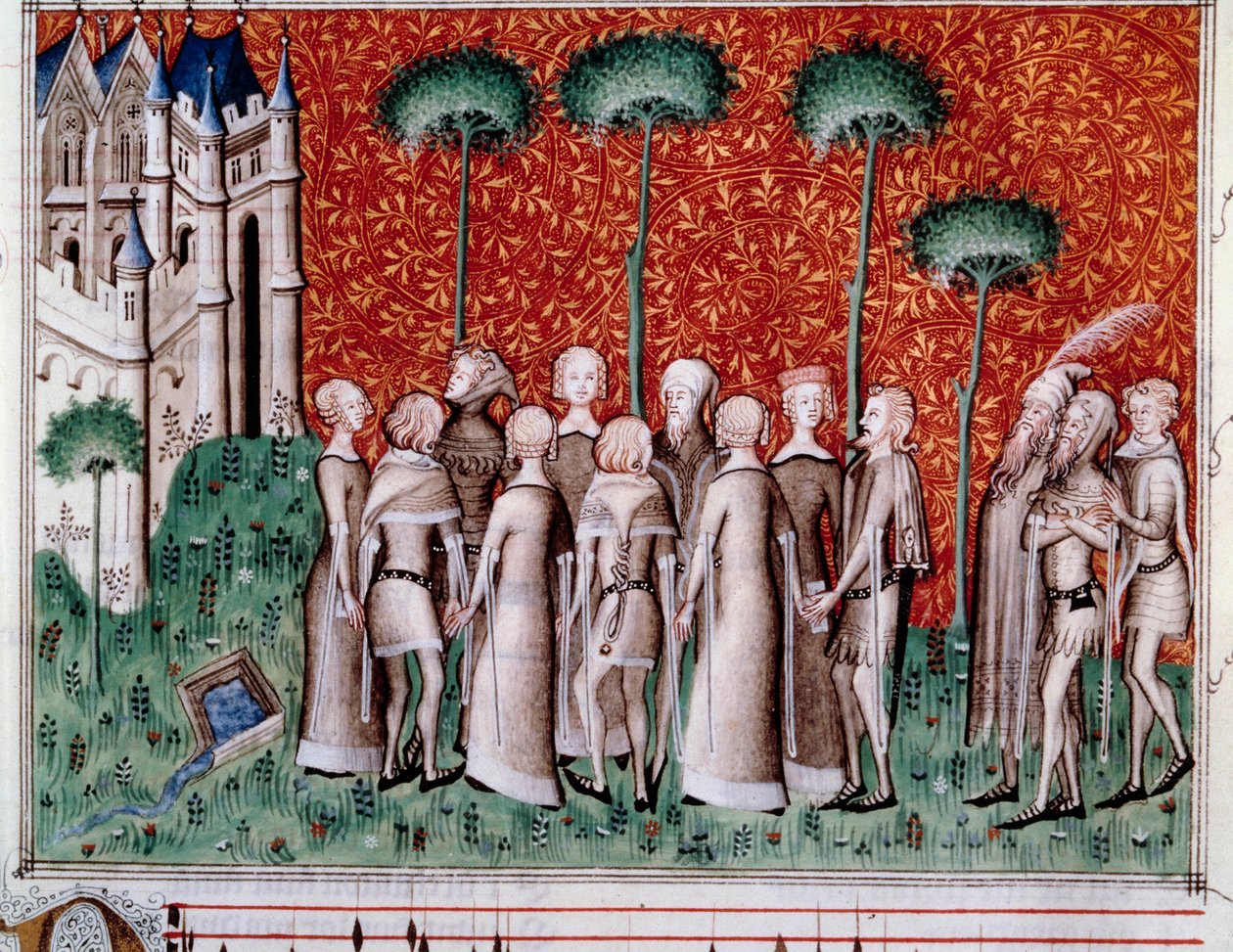 Machaut vindt zijn dame. Miniatuur uit een partituur in 