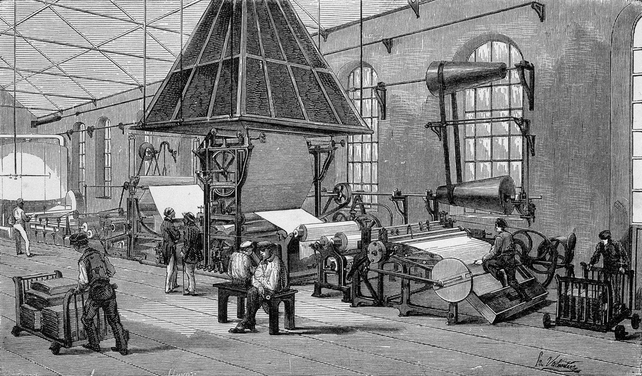 Machine voor het maken van continu papier. Gravure uit de 19e eeuw door Unknown artist