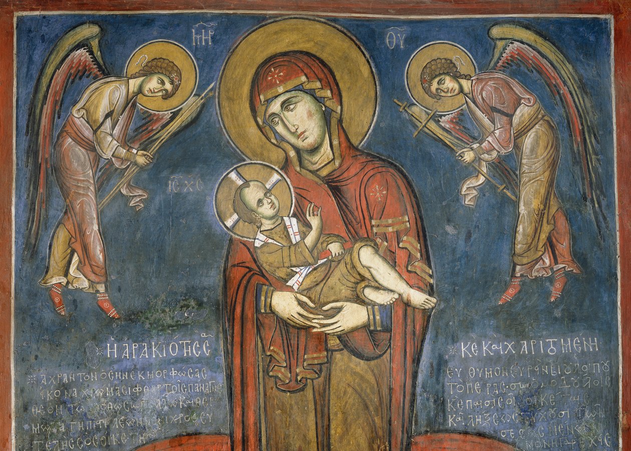Madonna met Kind tussen Aartsengelen, fresco (1192), Panayia Tou Araka Kerk (Kerk van Onze-Lieve-Vrouw van de Erwt) (Unesco Werelderfgoedlijst, 2001), Lagoudhera, Troodos-gebergte, Cyprus door Unknown artist