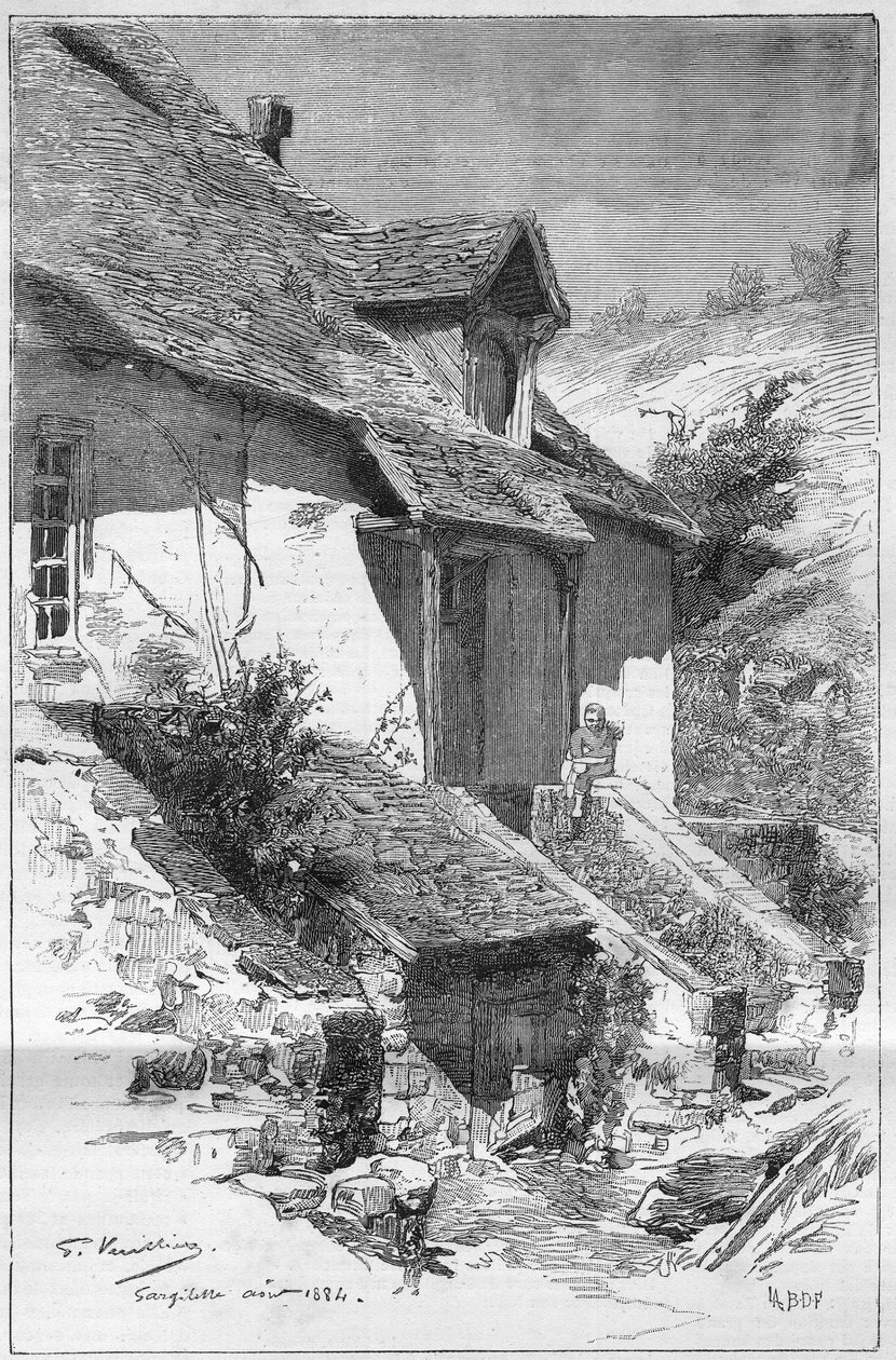 Huis van George Sand, Franse schrijfster, in Gargilesse aan de oevers van de Creuse in Frankrijk. Gravure in Le Monde Illustré door Unknown artist