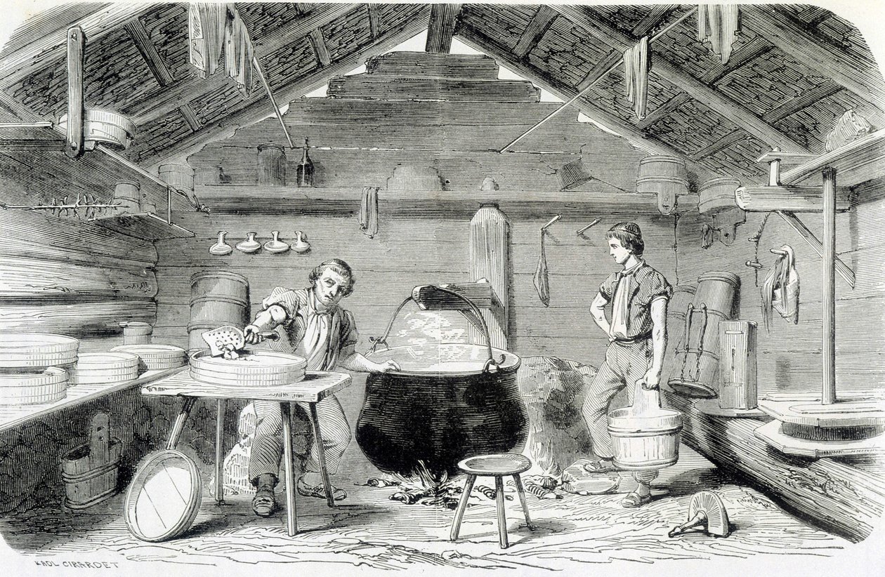 Het maken van Gruyère kaas in een Zwitsers chalet, of kaasfabriek in de Alpen - in De wonderen van de industrie door Louis Figuier door Unknown artist