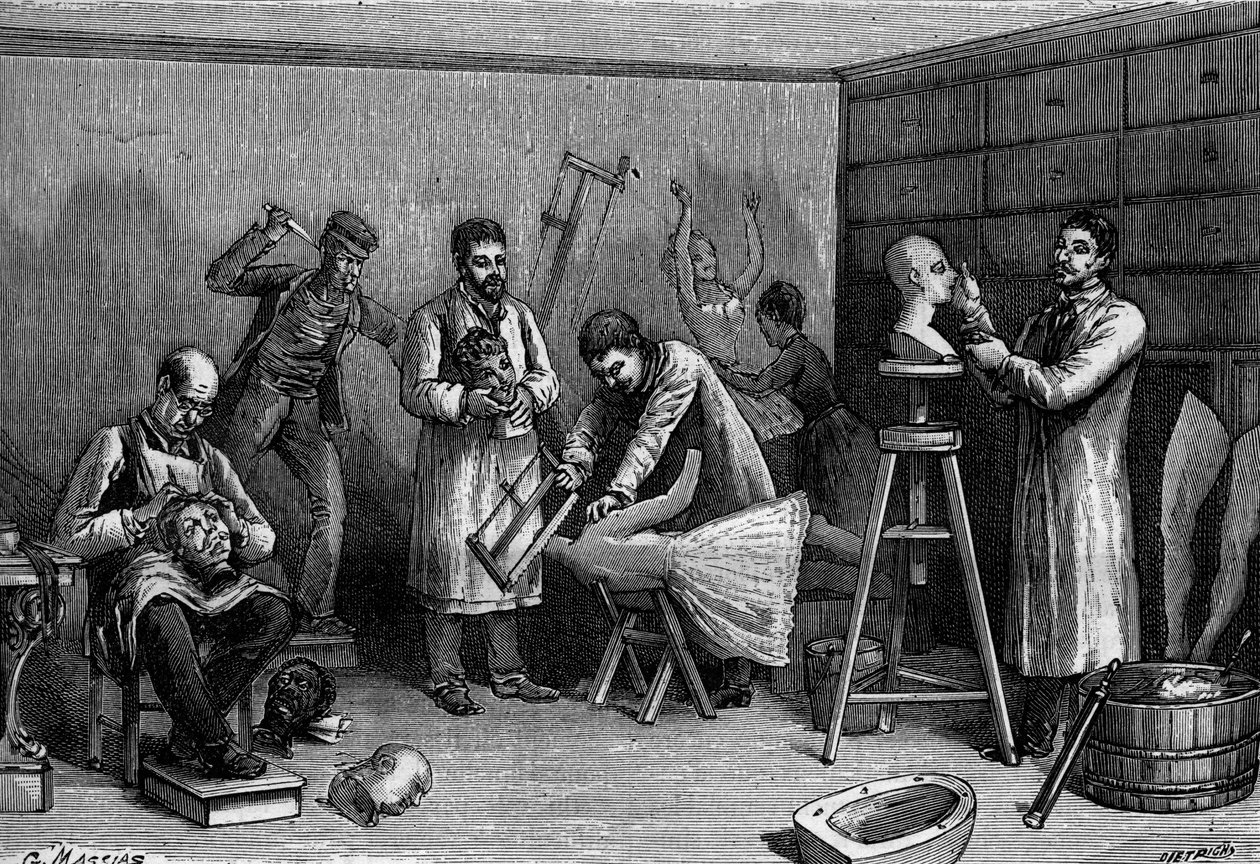 Het maken van wassen beelden in het Musée Grévin, Parijs. Gravure in 