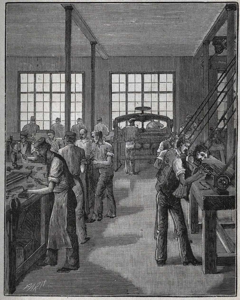 Fabricage van pennenhouders en potloodhouders. Gravure uit 1885 in 