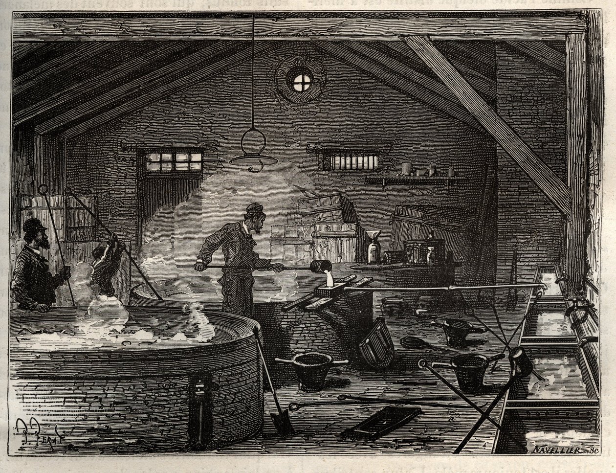 Zeepfabricage - De industrie van zeep - Zeepfabricage in een fabriek nabij Parijs, operaties van het koken van zeep en het gieten in vormen. Gravure in 