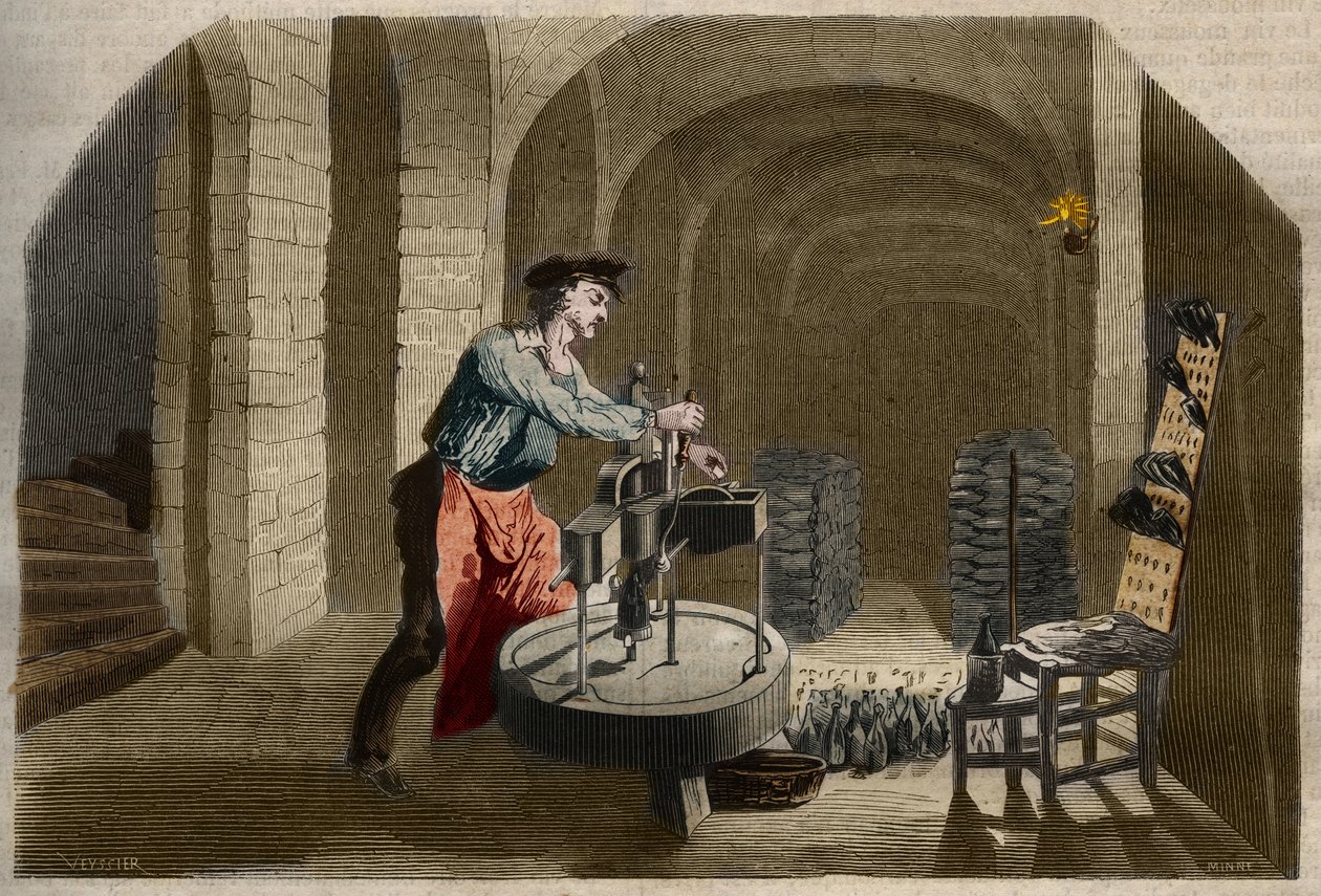 Productie van mousserende Champagnewijn: bottelmachine gebruikt in een kelder. Gravure uit 1858 in 