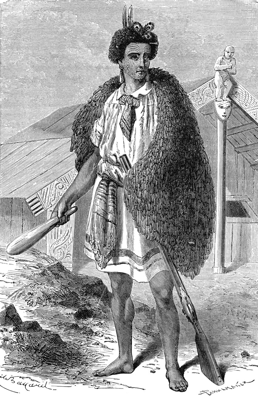 Maori Chef in de buurt van AUCKLAND, Nieuw-Zeeland. Gravure 1885 door Unknown artist