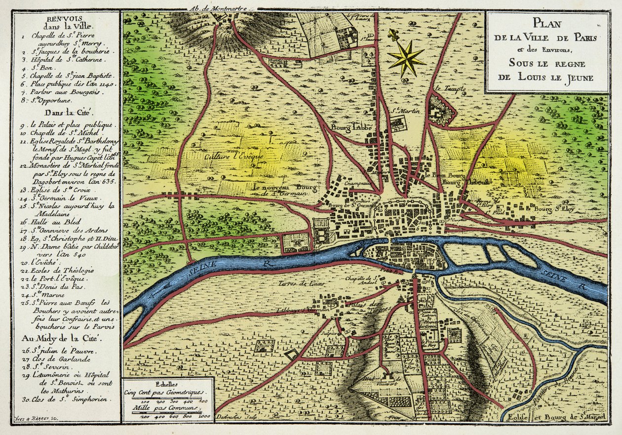 Kaart van de stad Parijs onder het bewind van Lodewijk de Jonge (Lodewijk VII) door Unknown artist