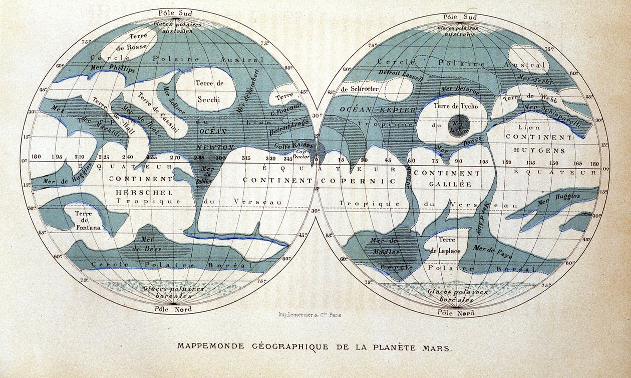 Kaart van de planeet Mars - in "Populaire astronomie" door Camille Flammarion, ed. Marpon & Flammarion door Unknown artist