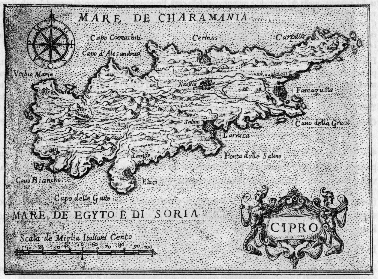 Kaart van het eiland Cyprus (cipro) in 1587 in 