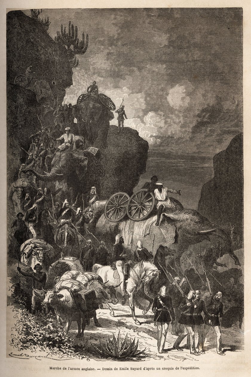 Mars van het Engelse leger naar het Dalanta-plateau, volgend op de troepen van keizer Theodoros (circa 1818-1868), met olifanten voor het transport van artilleriestukken. Gravure ter illustratie van het verhaal 