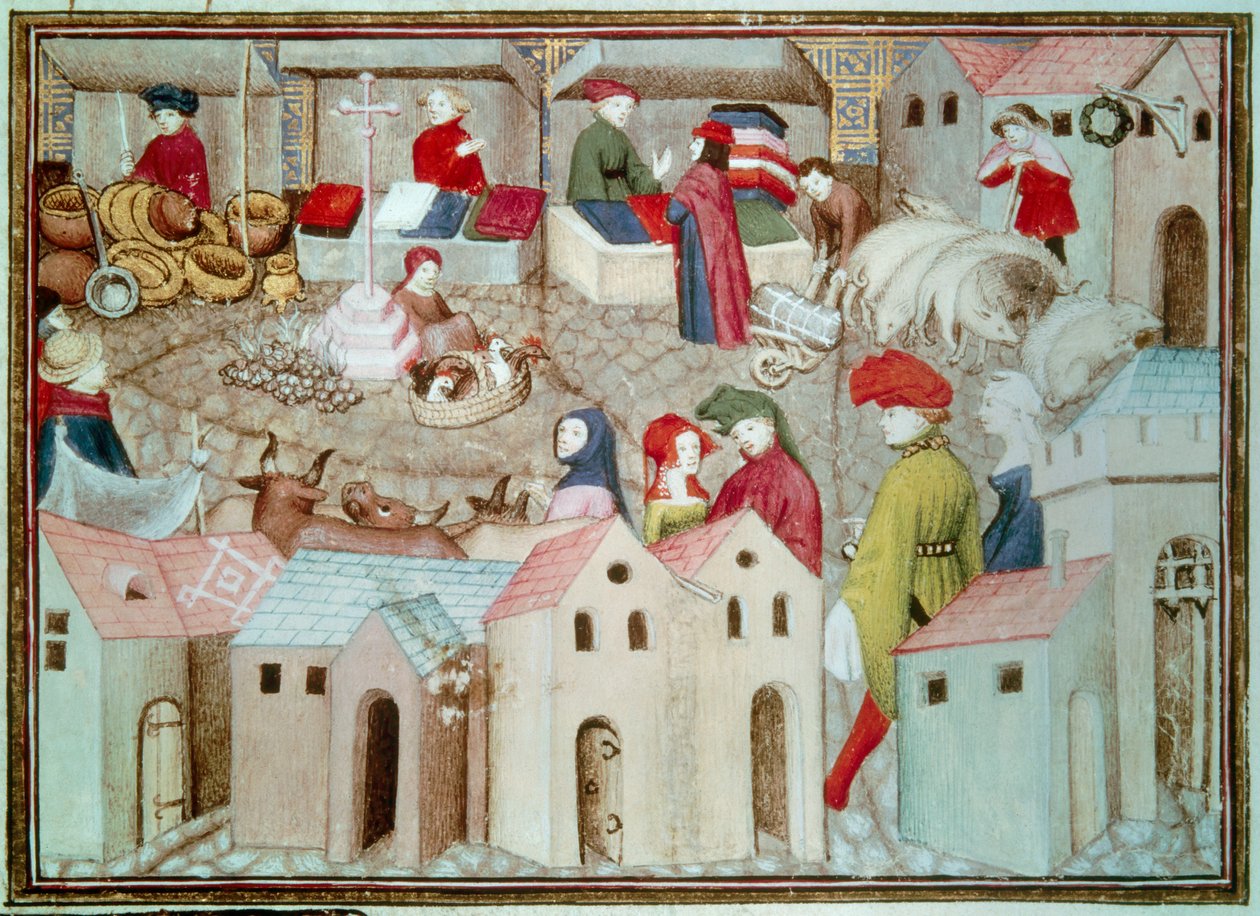 Markt van Champeaux in Parijs Vee- en pluimveehandelaren, lakenverkopers. Miniatuur uit 