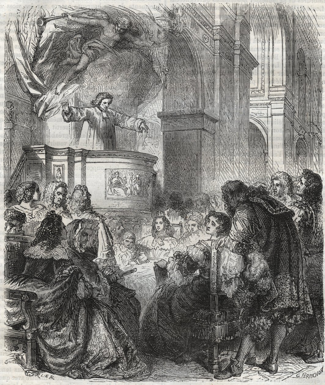 Marie de Rabutin-Chantal, markiezin van Sevigne, luistert naar Louis Bourdaloue in de kerk van de jezuïeten, Saint-Louis in Parijs - gravure uit 1866 door Unknown artist