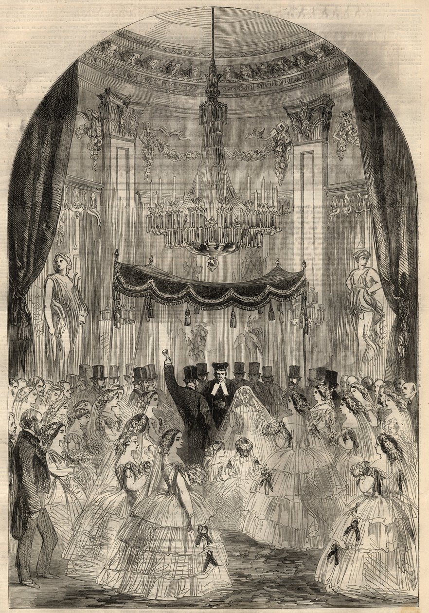 Huwelijk van Baron Alphonse de Rothschild (1827-1905) en Leonora de Rothschild (1837-1911). De bruid leerde een drankje op de grond te gooien, de laatste fase van een Joods huwelijk genaamd het 