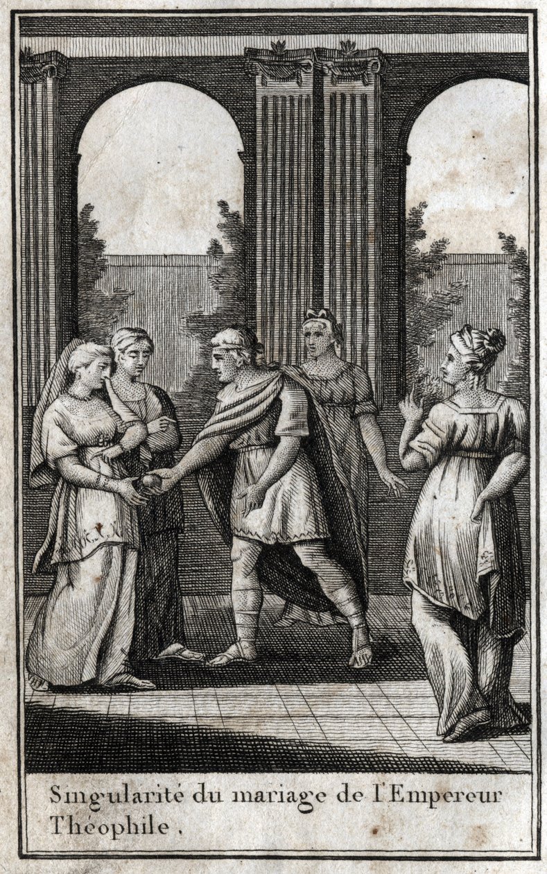 Huwelijk van de Byzantijnse keizer Theophilus (813-842): nadat hij de mooiste vrouwen in het koninkrijk had verenigd om een vrouw te vinden, koos hij Theodora en bood haar een gouden appel aan. Gravure in 