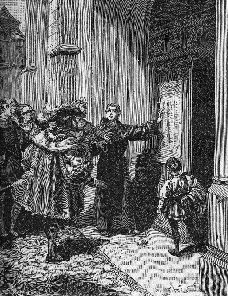 Maarten Luther (1483-1546) hangt zijn 95 stellingen in Wittenberg op door Unknown artist