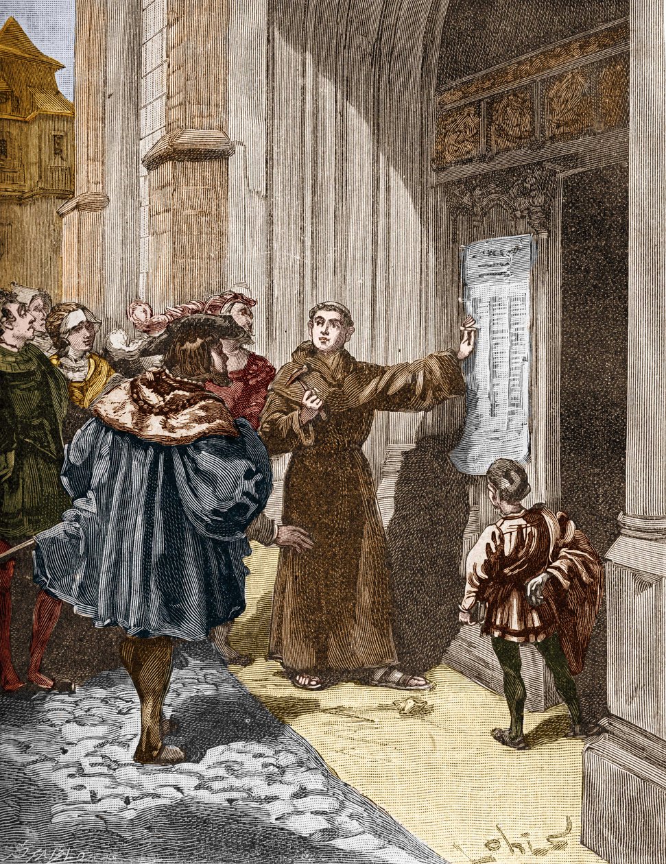 Maarten Luther (1483-1546) hangt zijn 95 stellingen op in Wittenberg door Unknown artist