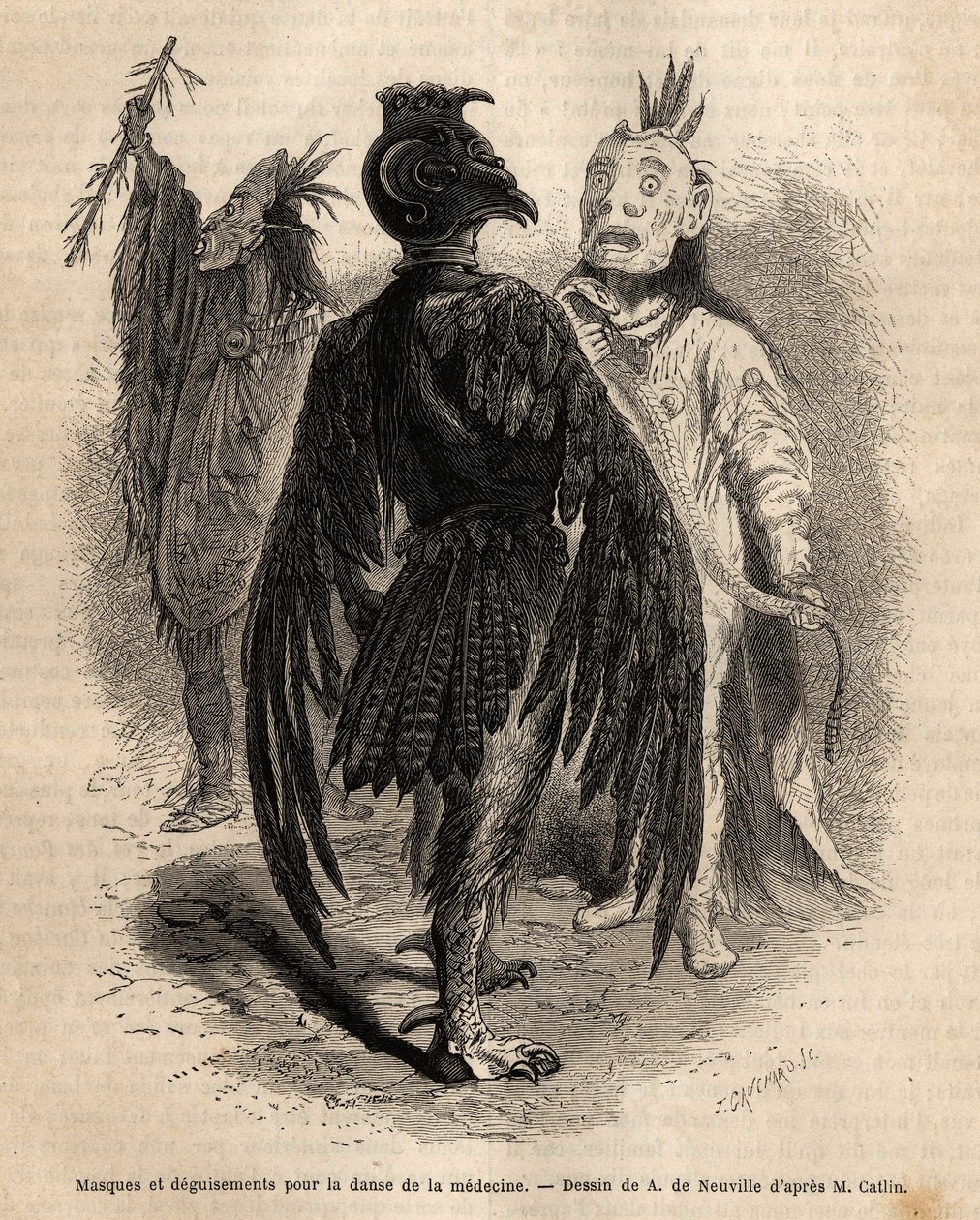 Maskers en vermommingen voor de medicijndans onder de Naya-indianen. Gravure ter illustratie van een excursie onder de indianenstammen van de bekkens van Colombia en de Boven-Missouri, door G. Catlin, in 1855, gepubliceerd in 
