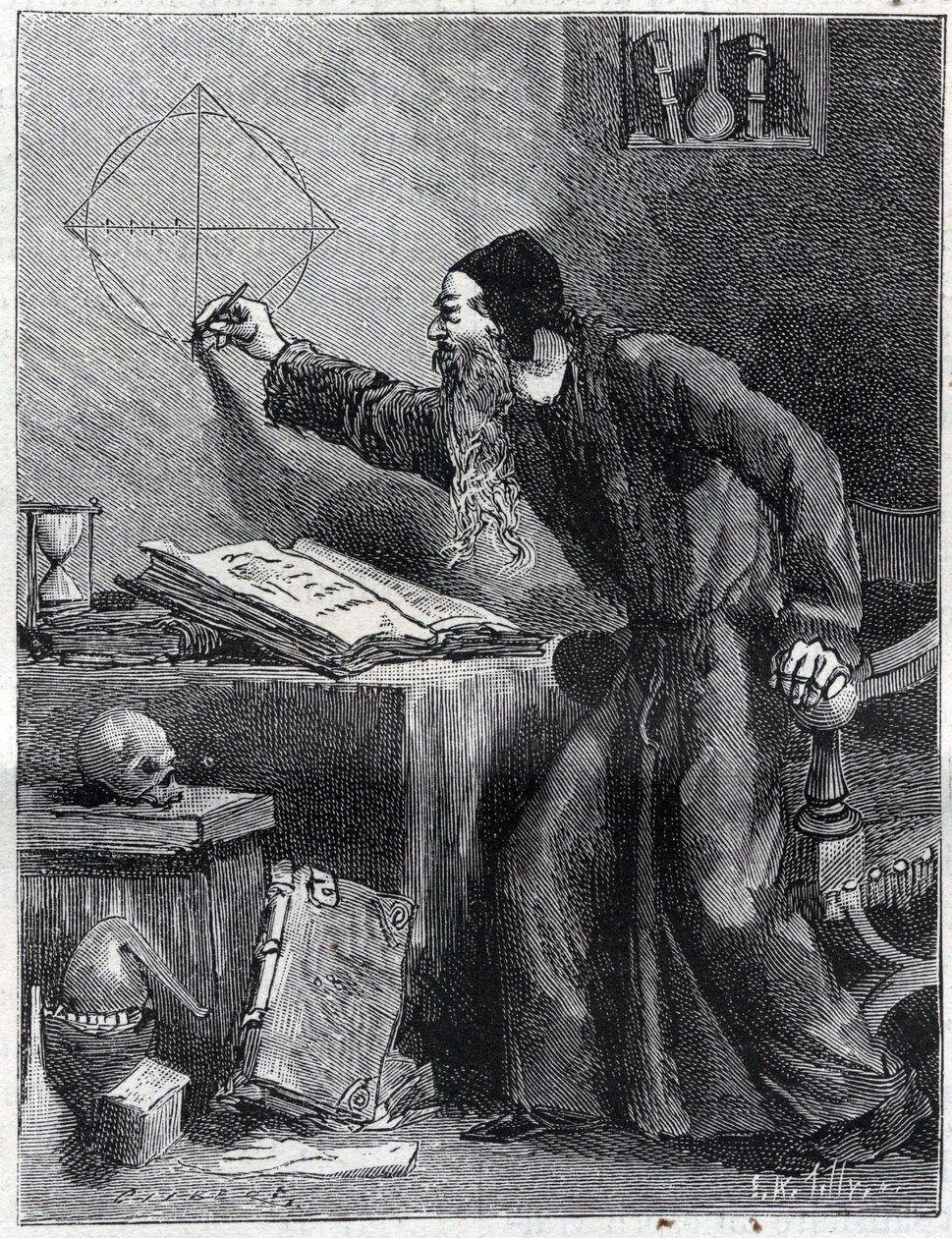 Wiskunde en meetkunde: Wetenschappelijk onderzoeker van de kwadratuur van de cirkel in de 16e eeuw. Gravure in 