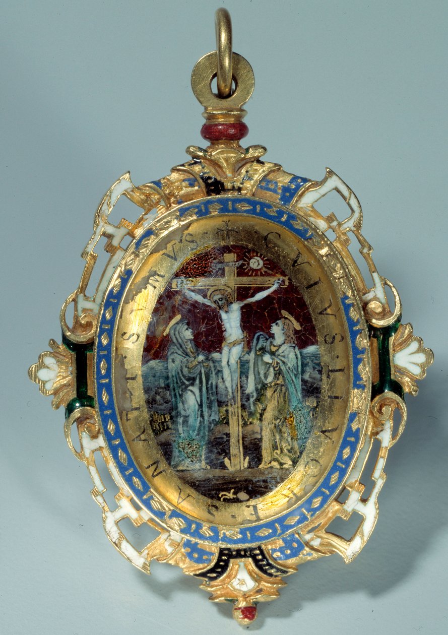 Medallion in email op rond gouden bult decoratie kruisiging en vlucht naar Egypte door Unknown artist