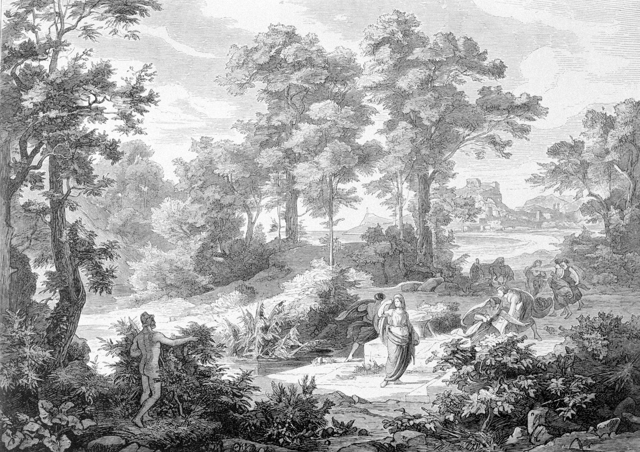 Ontmoeting tussen Odysseus die bij een rivier lag en Nausicaa (gravure eind 19e eeuw) door Unknown artist