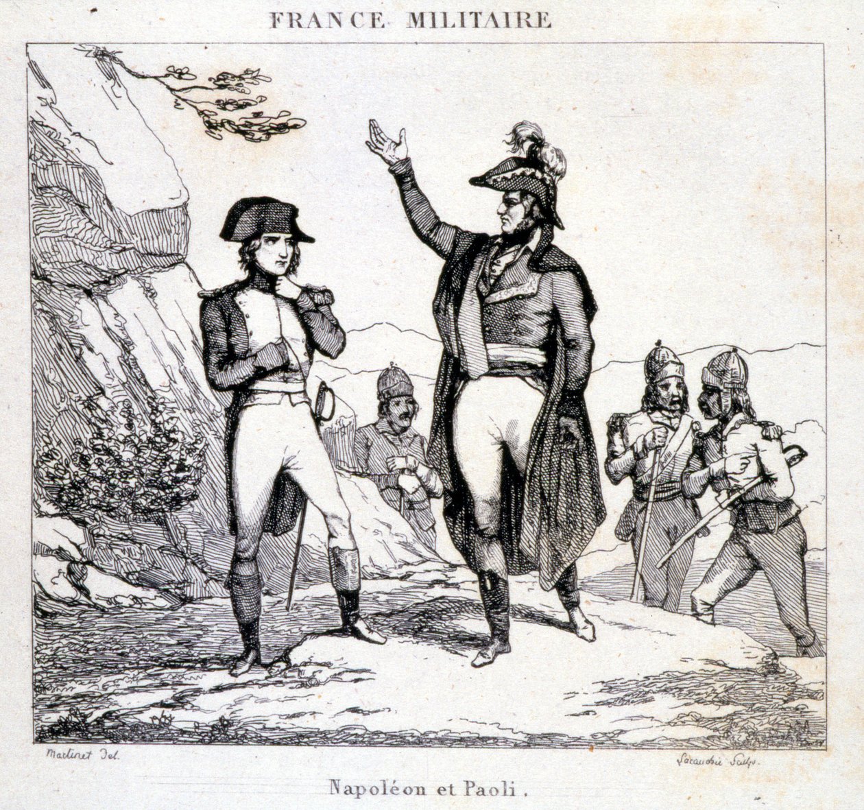 Ontmoeting van Napoleon Bonaparte en Pasquale of Pascal Paoli (1725 - 1807), Corsicaanse patriot. Gravure 19e eeuw door Unknown artist