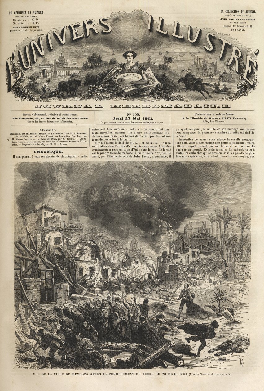 Mendoza, Argentinië - Aardbeving van 1861 - Seisme van 1861 in Mendoza - Argentinië - 20 maart 1861 - Het Illustere Universum in 1861 door Unknown artist