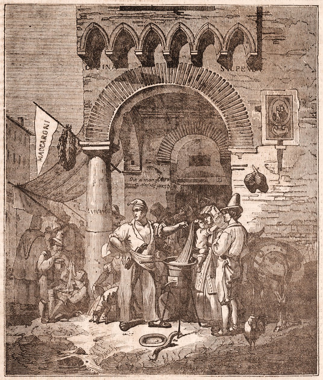 Handelaar kookt pasta in een pan, Italiaanse scène (gravure) door Unknown artist