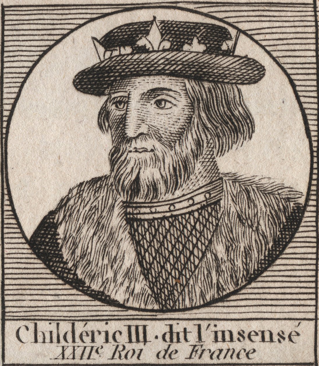 Merovingische Dynastie: Portret van Childerik III (714-755) Koning van de Franken (gravure uit 