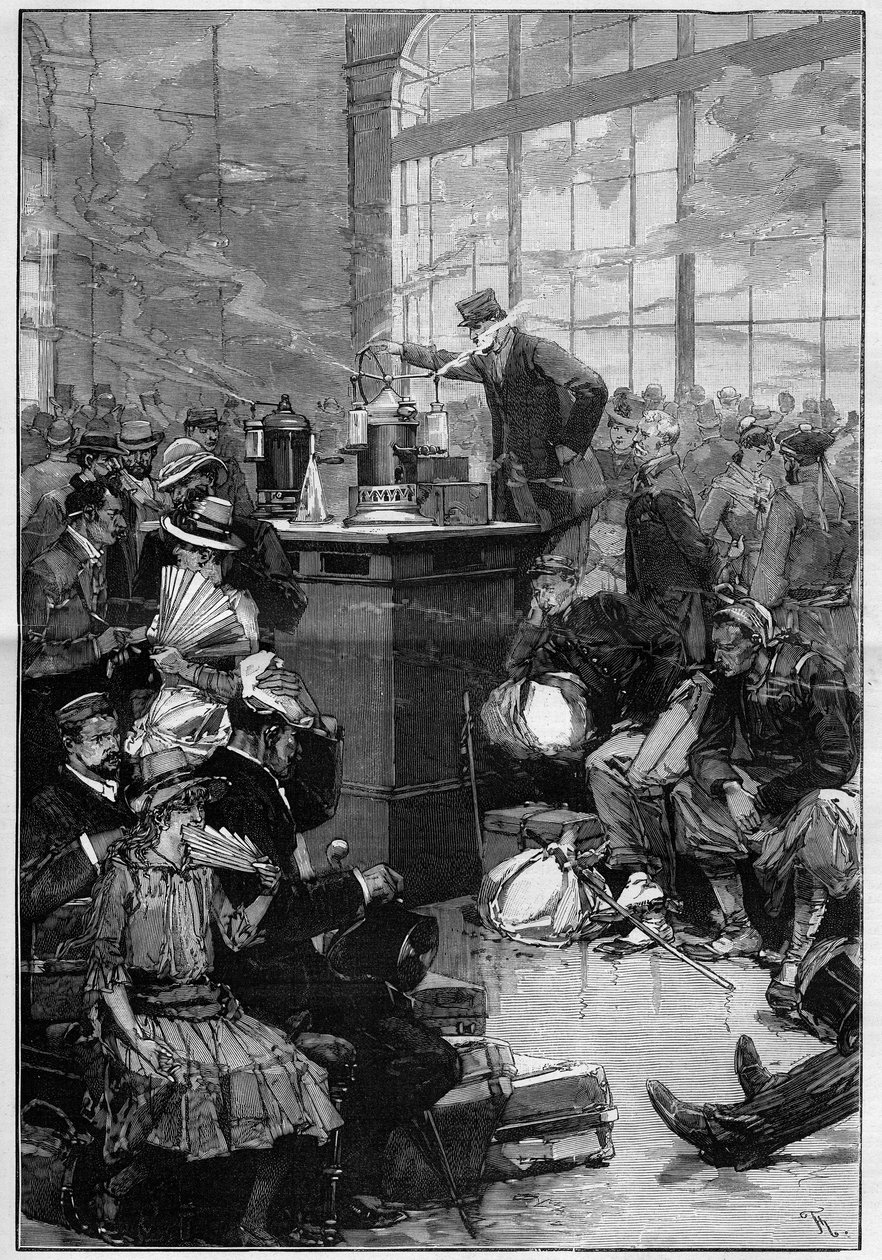 Maatregelen genomen tegen de cholera-epidemie verspreid in Toulon: de ontsmettingsruimte van het station van Lyon, Parijs. Gravure in “Le Monde Illustré” door Unknown artist