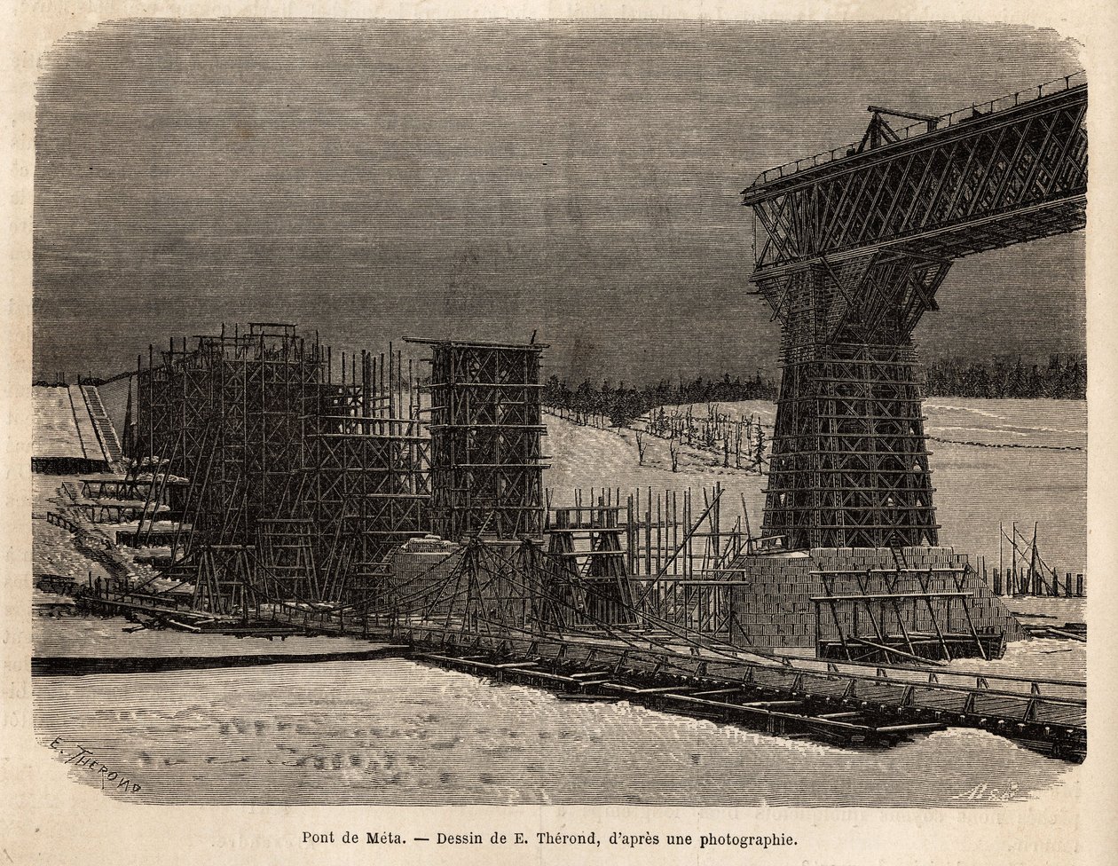 Meta-brug (Oekraïne), in aanbouw. Gravure ter illustratie van La Russie libre, door William Hepworth Dixon, in 1869, gepubliceerd in 