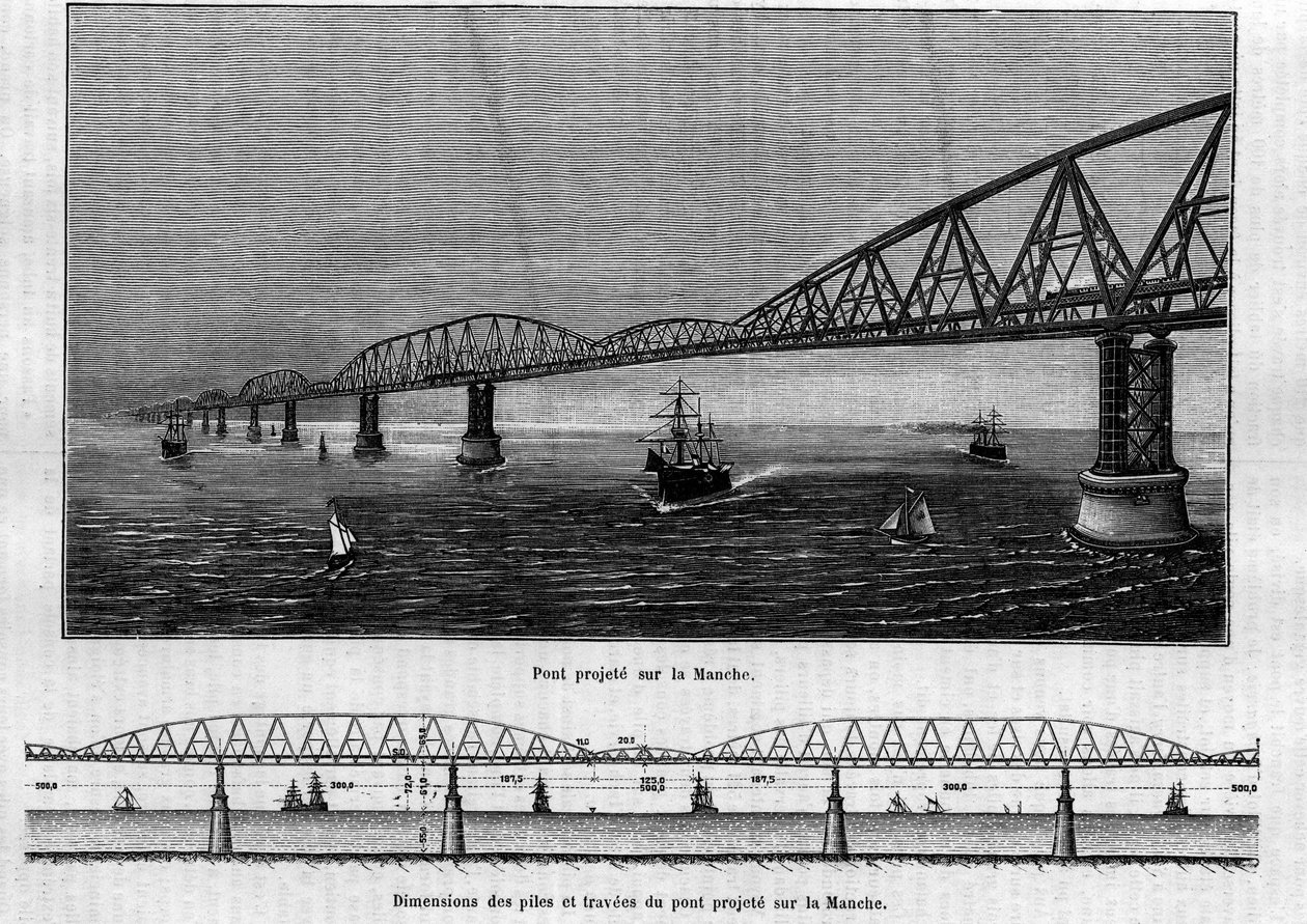 Metaalbrugproject over het Kanaal: bovenaan de brug eenmaal voltooid; onderaan de afmetingen van de pijlers en overspanningen van de geplande brug. Gravure in 