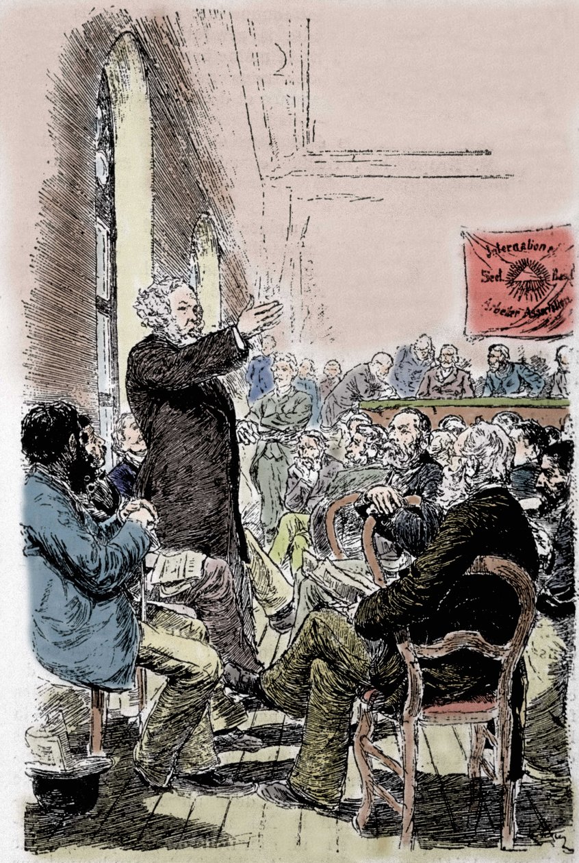 Mikhail Aleksandrovich Bakunin (1814-1876), Russische anarchist op het Bale Congres in Zwitserland in september 1869 door Unknown artist