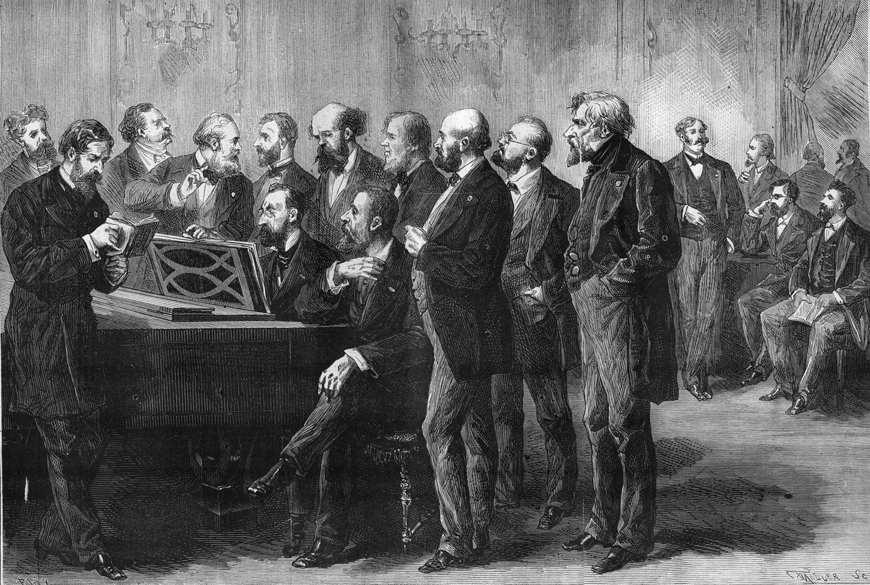 Muziekwedstrijd van de stad Parijs in 1878. De jury in het Palais du Luxemburg beoordeelt de partituren van 