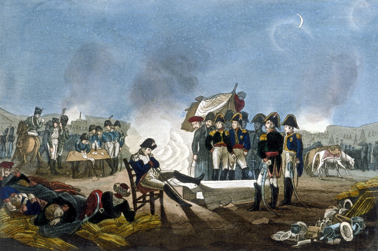 Napoleon I Bonaparte slaapt in het bivak aan de vooravond van de Slag bij Austerlitz op 1 december 1805 door Unknown artist