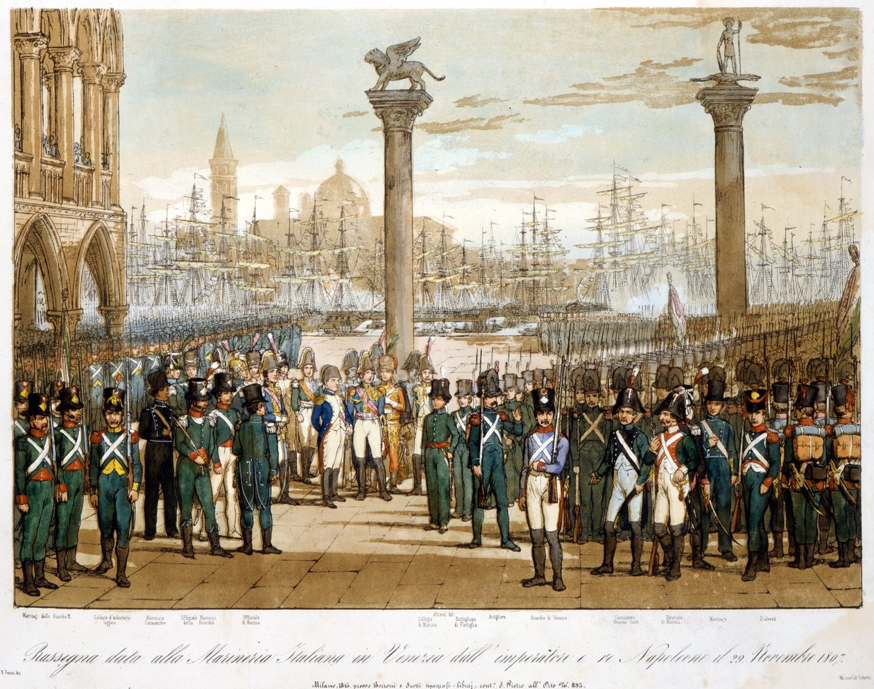 Napoleon I in Venetië op 29 november 1807 voor de Italiaanse marine. Gravure uit 1845 door Unknown artist