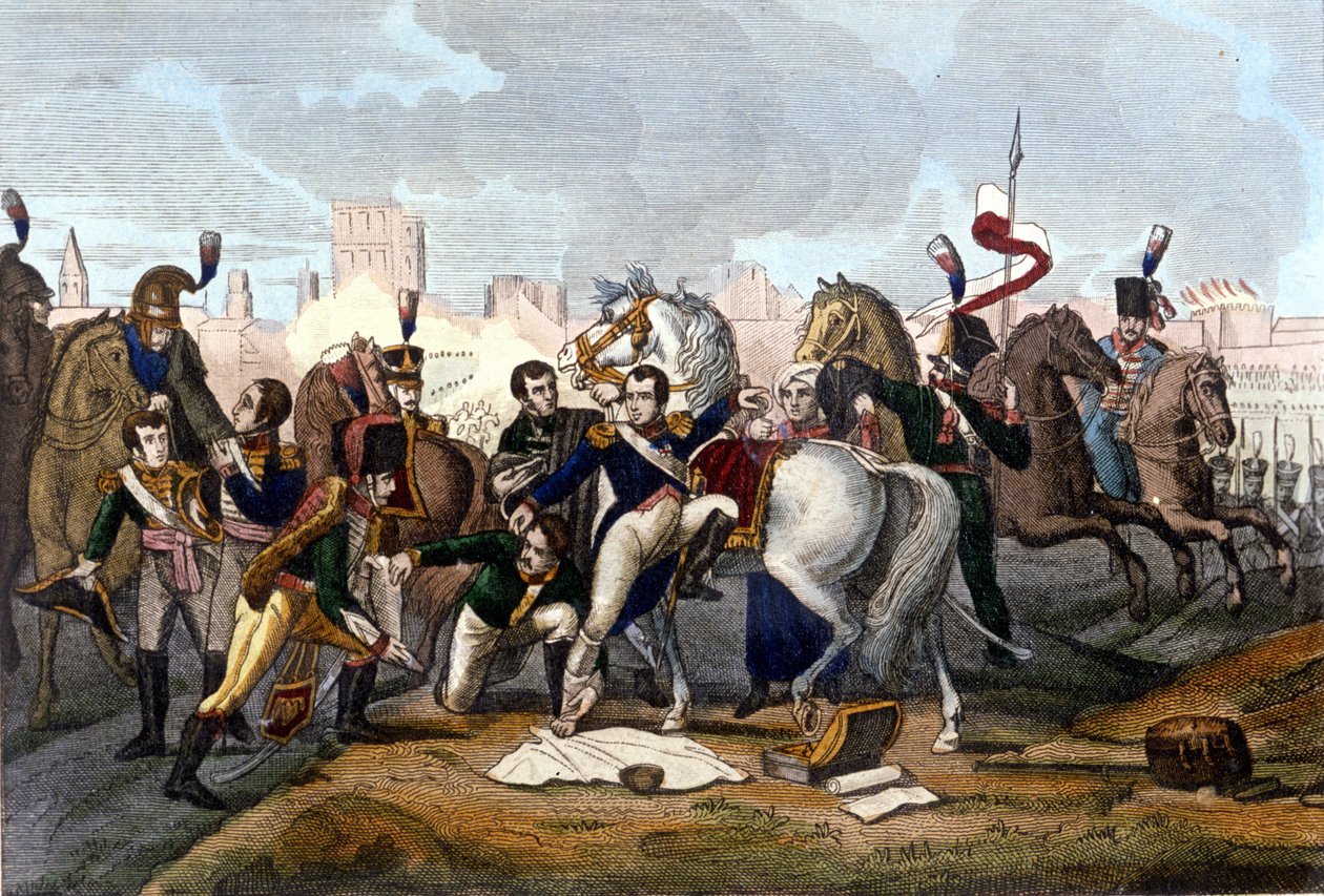 Napoleon I gewond voor Regensburg op 23 april 1809. Gravure 19e eeuw door Unknown artist