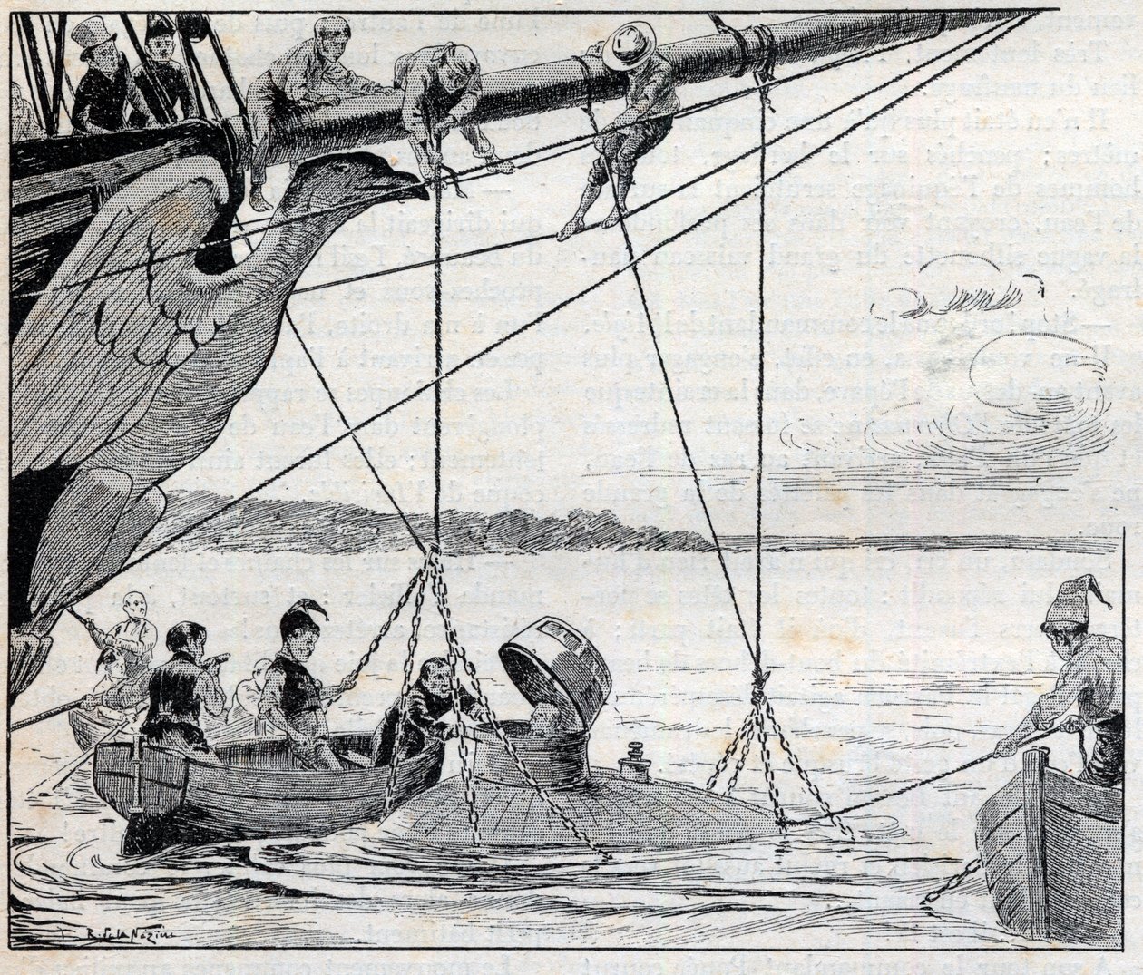 Napoleon ontsnapt van het eiland Sint-Helena in een onderzeeër - illustratie voor de roman van Emile Cyprien Driant (1855-1916), 