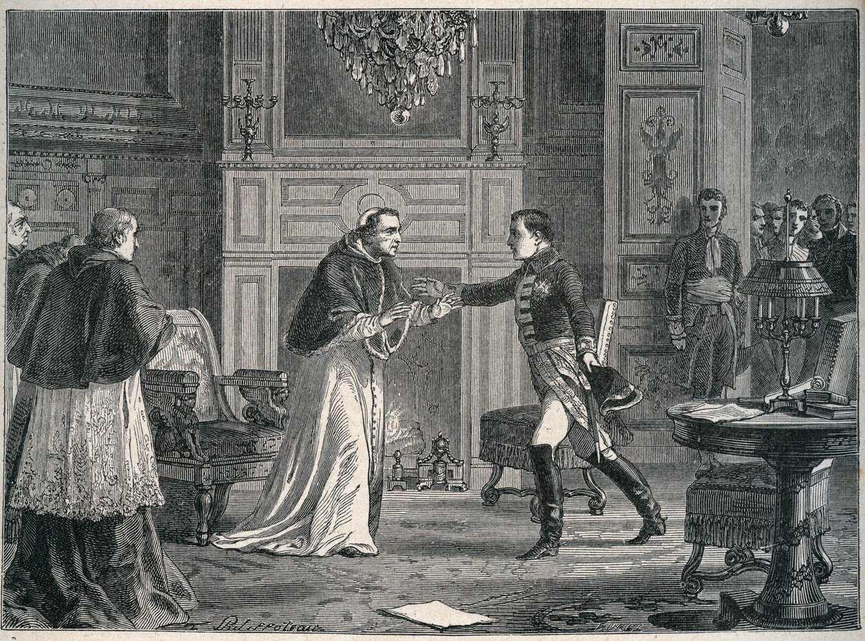 Napoleon bezoekt paus Pius VII in Fontainebleau 1804 - Bezoek van Napoleon I aan paus Pius VII in Fontainebleau 1804 door Unknown artist
