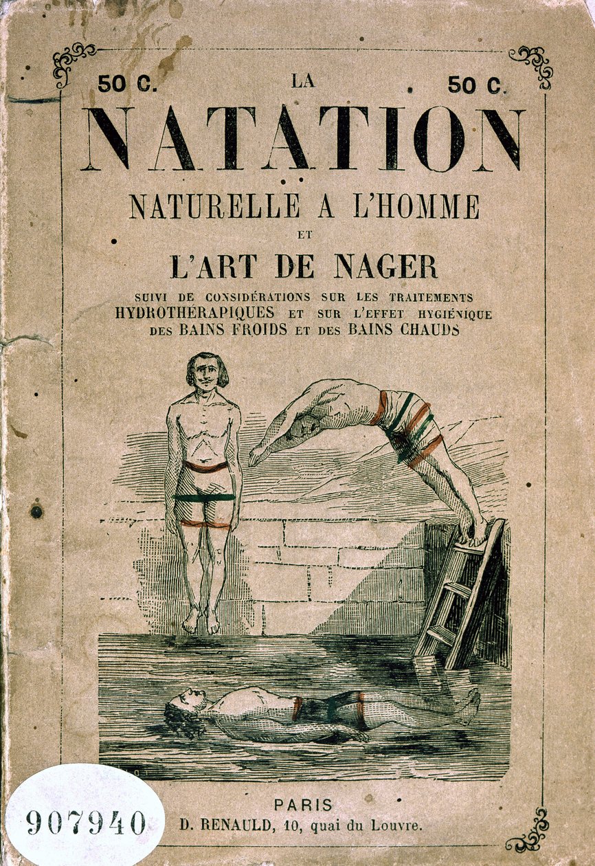 Natuurlijk zwemmen met man en de kunst van het zwemmen, en overwegingen over hydrotherapie behandelingen en het hygiënische effect van koude en warme baden - Frontispice, eind 19e eeuw door Unknown artist