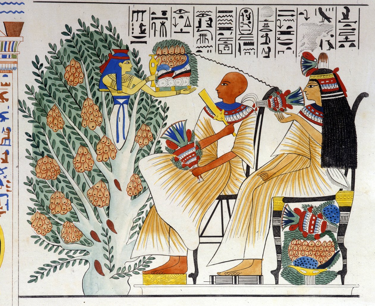 Nephtys, Egyptische godin, komt uit de mystieke boom en biedt voedsel aan de overledene - in 