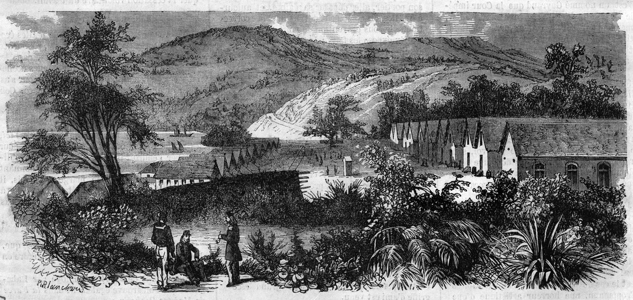 Nieuw-Caledonië - de gevangenis van het eiland Nou - Gravure van 1870 door Unknown artist