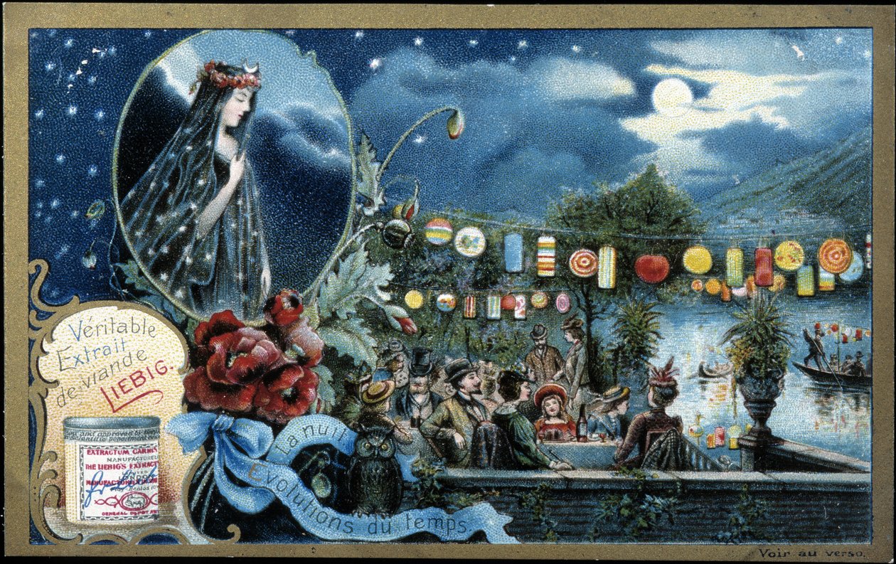 Nacht, nachtfeest verlicht met lantaarns, bij een meer - Liebig chromolithografie door Unknown artist