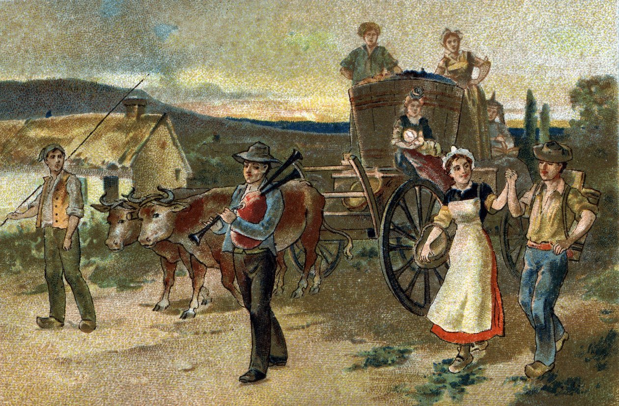 Oude gewoonte gevierd in de regio Bourgondië: Oogstfeest. De laatste oogst. Chromolithografie uit de late 19e eeuw. door Unknown artist