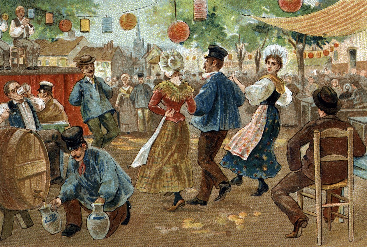 Oude gewoonte gevierd in de regio Vlaanderen: Vlaamse Kermis. Chromolithografie van het einde van de 19e eeuw. door Unknown artist