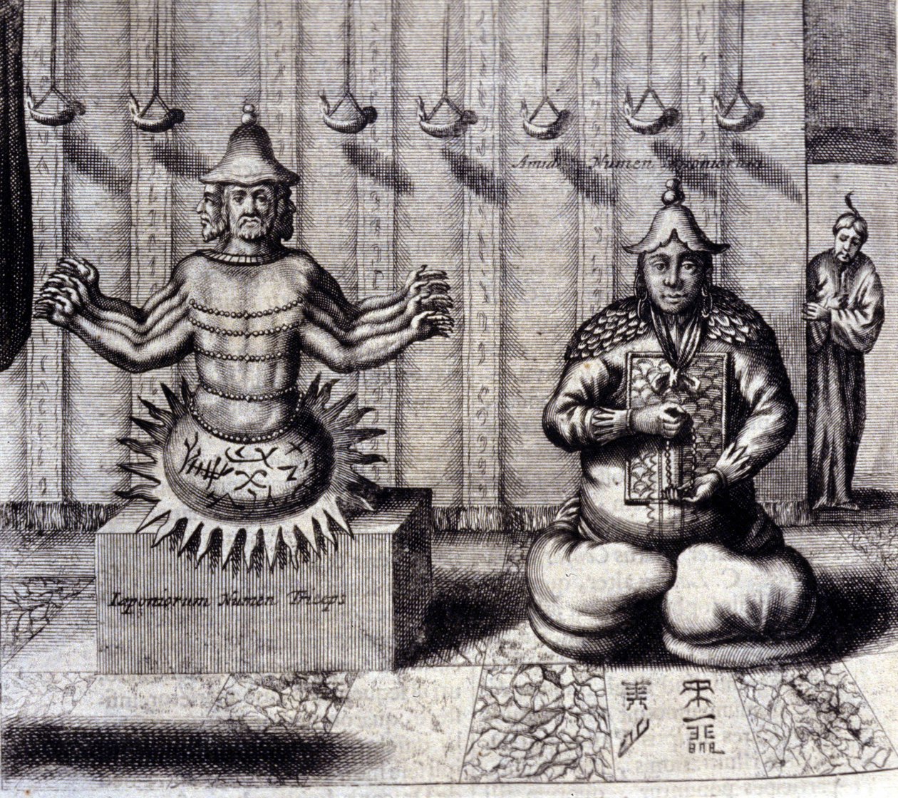 Links, hindoeïstische godheid met acht armen, rechts Amida, Japanse Boeddha. 