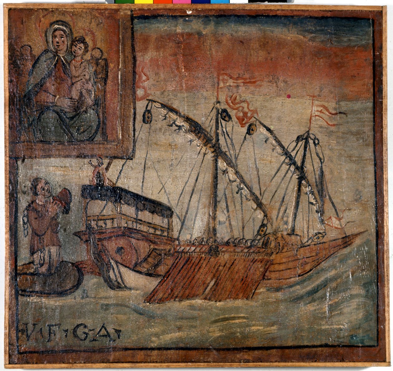 Links bedankt een voormalige galei die nog steeds de kettingen draagt Madonna dell