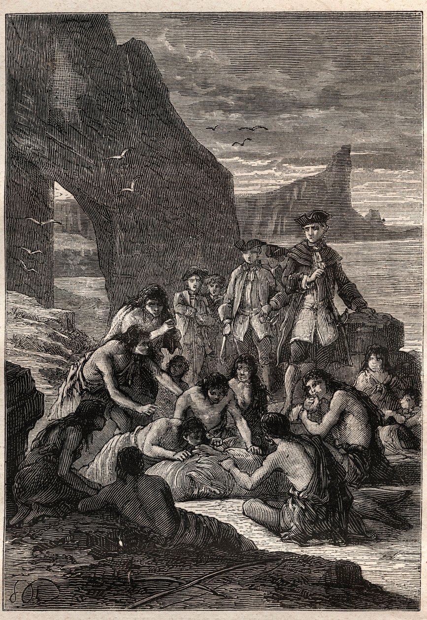 Een van hen ontkoppeld met de tanden: Vice-admiraal John Byron (1723-1786) op een van de eilanden van de Straat van Magellan - de Fuegianen (inwoners van Vuurland) ontkoppelen met hun tanden een walvis die op het strand was aangespoeld en versteend - illus door Unknown artist