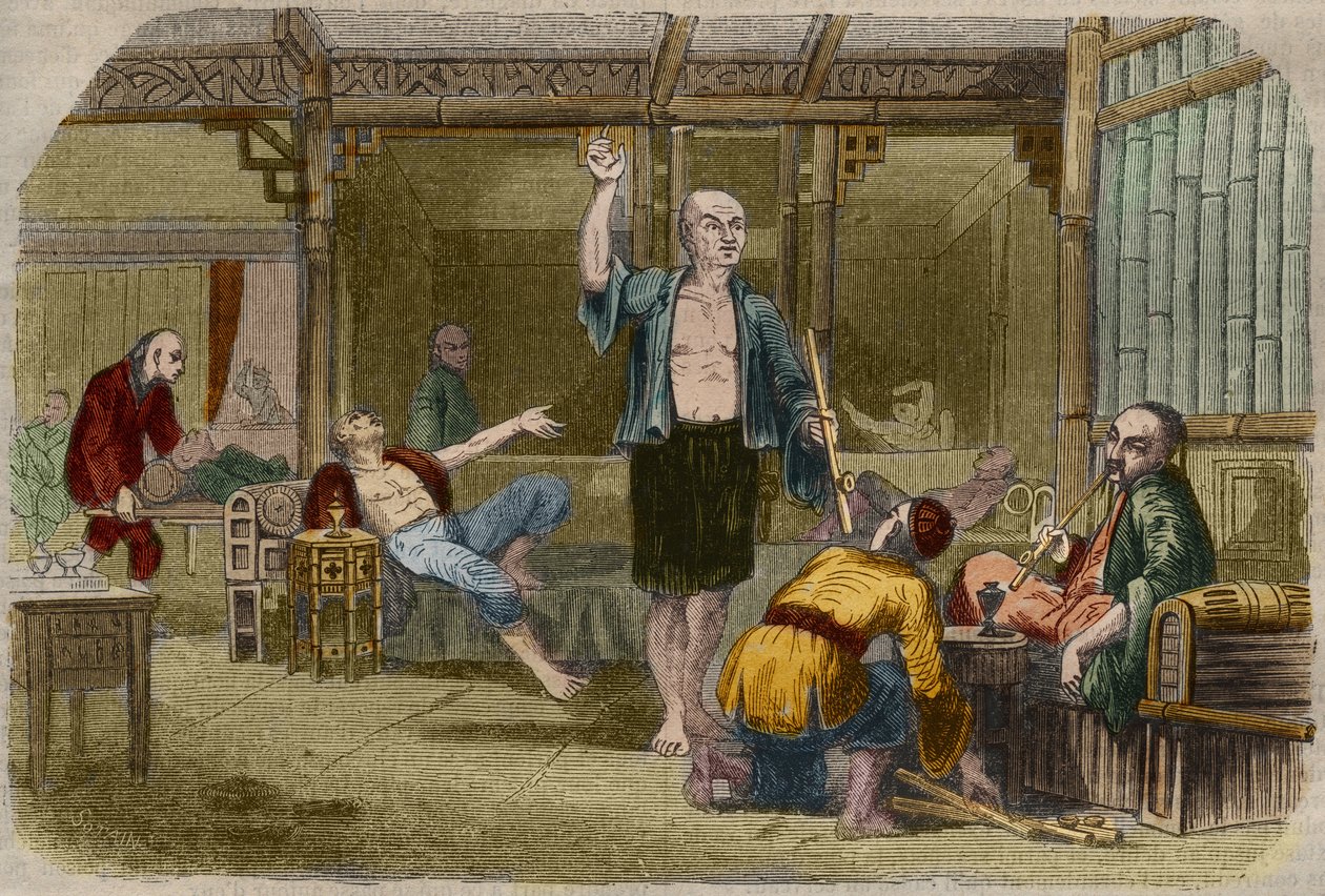 Opiumrokers in China in het midden van de 19e eeuw. Gravure uit 1857 in 